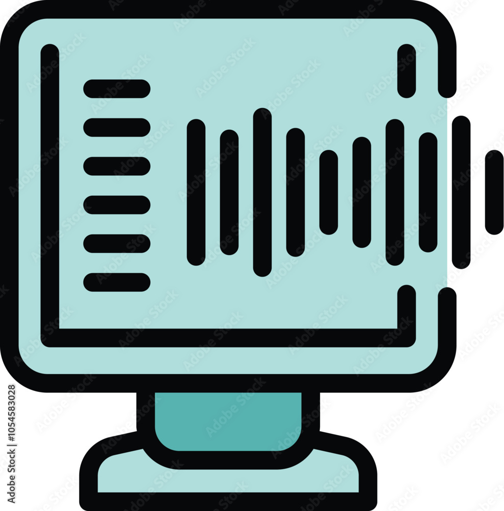 Poster computer screen displaying a sound wave visualizer, representing music playback or audio editing