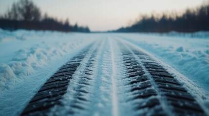 Snowy Tire Tracks on a Winter Road