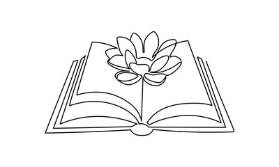 Opened book and Lotus flower in one continuous line drawing. Yoga studio logo and wellness spa banner in simple linear style. Water lily editable stroke. Doodle oneline vector illustration