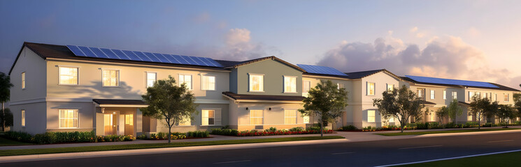 Modern residential buildings with solar panels and landscaped surroundings at dusk.