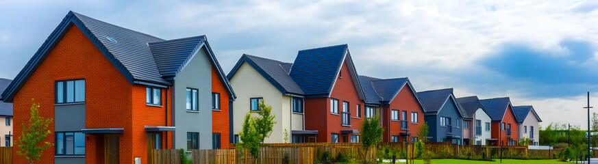 A row of modern houses with varied colors and designs under a cloudy sky.