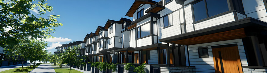 Modern residential buildings with a clear blue sky and green landscaping.