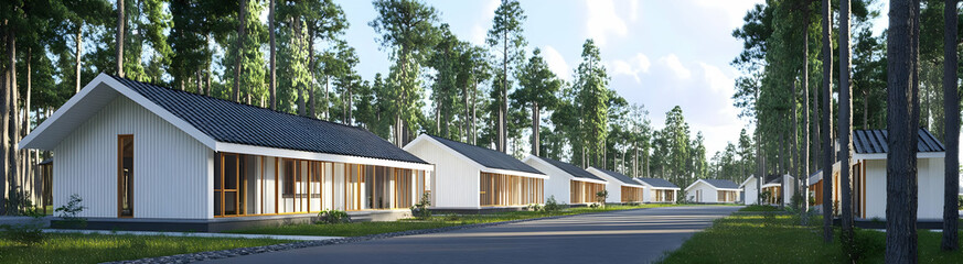 A row of modern, minimalist houses nestled among tall trees in a serene environment.