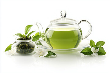 Glass teapot with green tea, jar with dry tea and leaves isolated on white background.