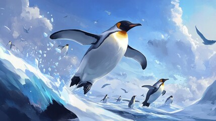 Fototapeta premium A group of penguins leaping out of the water with their wings outstretched, against a backdrop of a blue sky and white clouds.