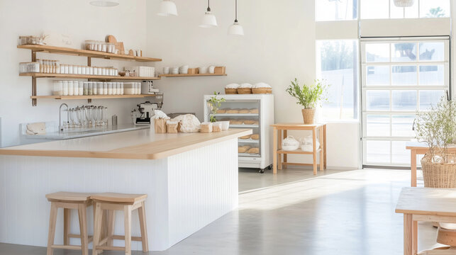 Cozy small batch bakery kitchen with sunlit minimalist interior design