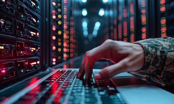 A hand typing on a laptop in a server room with illuminated servers.