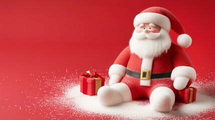 Cute Santa Claus figurine made of white sugar texture with gift boxes for Christmas decoration