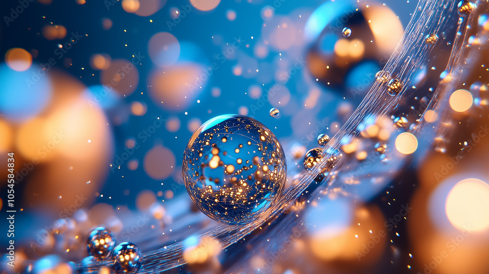 Poster floating particles in a surreal scene visually represent quantum computing dynamics and interactions