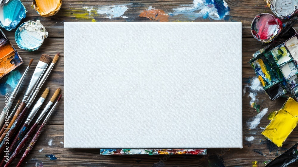Poster blank canvas art supplies: an empty canvas sits invitingly amongst a vibrant array of paintbrushes, 