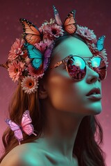 Luxury Fashion Model Portrait with Pink Peonies and Metallic Sunglasses