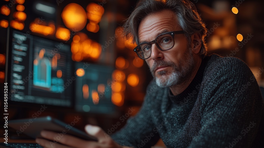 Aufkleber middle-aged man managing cryptocurrency at home with multiple screens displaying data
