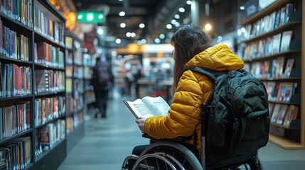 A wheelchair user explores books while attending a vibrant festival in a bustling bookstore
