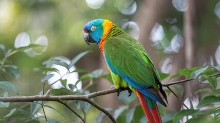 Obraz premium A colorful parrot is perched on a tree branch. The bird is green and blue with a red tail. The scene is peaceful and serene, with the bird looking out over the lush green foliage