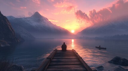 Obraz premium A lone figure sits on a wooden dock overlooking a serene lake at sunset, with a small boat in the distance and snow-capped mountains in the background.