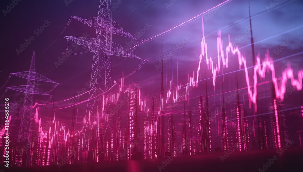 Poster abstract visualization of energy data with power lines and a pink waveform.