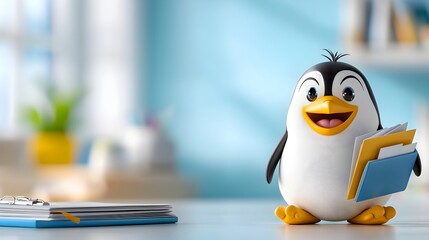 Cute 3D of a tiny penguin wearing a business suit and holding a folder full of documents representing the professional corporate and administrative aspects of business and finance