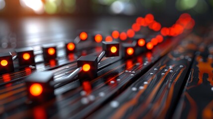 Futuristic Printed Circuit Board with Red LEDs. Lighting Technology on Black Wooden Background.
