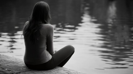 Contemplative Woman Sitting by the Water's Edge