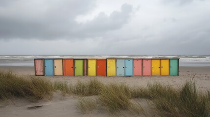 Colorful Beach Huts Along the Shoreline Under a Cloudy Sky