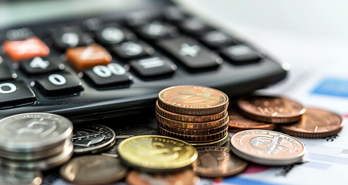 Financial planning and budgeting concept with calculator, coins, and document - Powered by Adobe