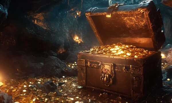 A detailed 3D clipart of a treasure chest overflowing with gold coins