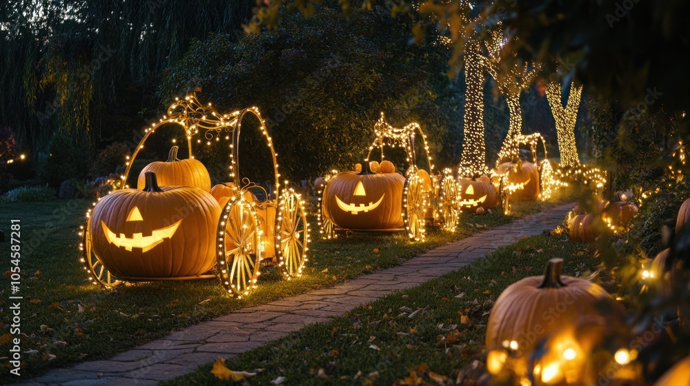 Poster a row of glowing jack-o'-lanterns in the shape of carriages line a pathway on a fall evening.