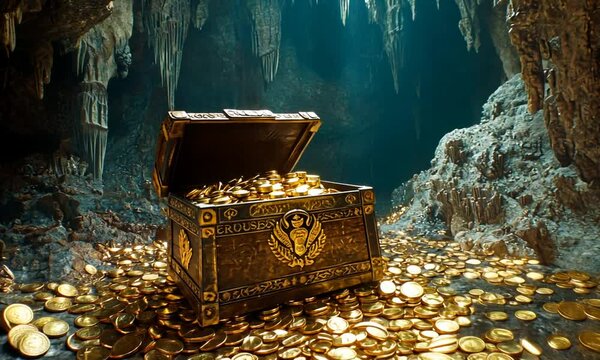 treasure chest with gold coins, isolated, AI generated