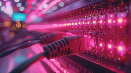 Ethernet Cables Plugged into Server Rack with Glowing LED Lights, Technology, and Data Concept.