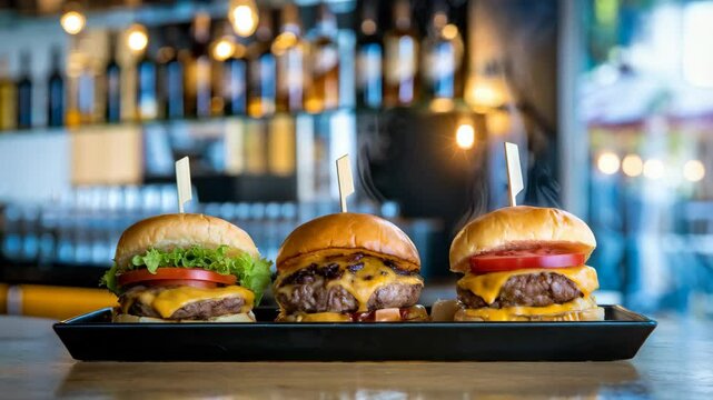 A tempting display of three gourmet burgers on a serving tray, showcasing delicious ingredients.