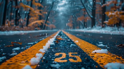 Empty Road With Yellow Lines and Number 25 miles Covered in Snow During Winter, Snowfall in Forest