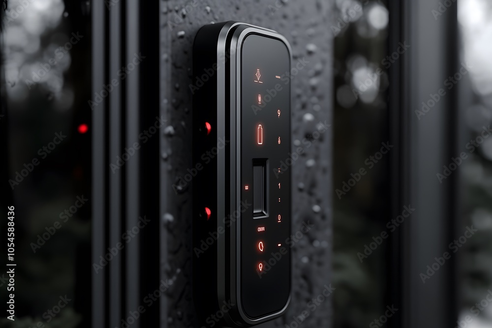 Poster a sleek control panel with illuminated buttons, set against a wet, textured surface.