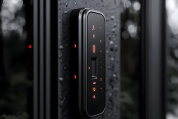 A sleek control panel with illuminated buttons, set against a wet, textured surface.