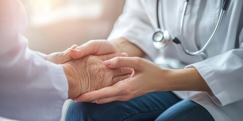 Compassionate Care: A doctor's hand gently rests upon a patient's, conveying empathy, reassurance, and the promise of healing. This heartwarming image embodies the essence of healthcare. 