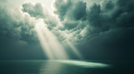 Panoramic light green storm sky with digital elements, sunlight filtering  and abstract shadows cast on the wall. Perfect for high-tech or futuristic product presentations. Leave space for text.