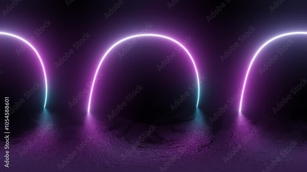 Poster 360 degree video of futuristic neon arches in dark environment looping seamless 3 render animation