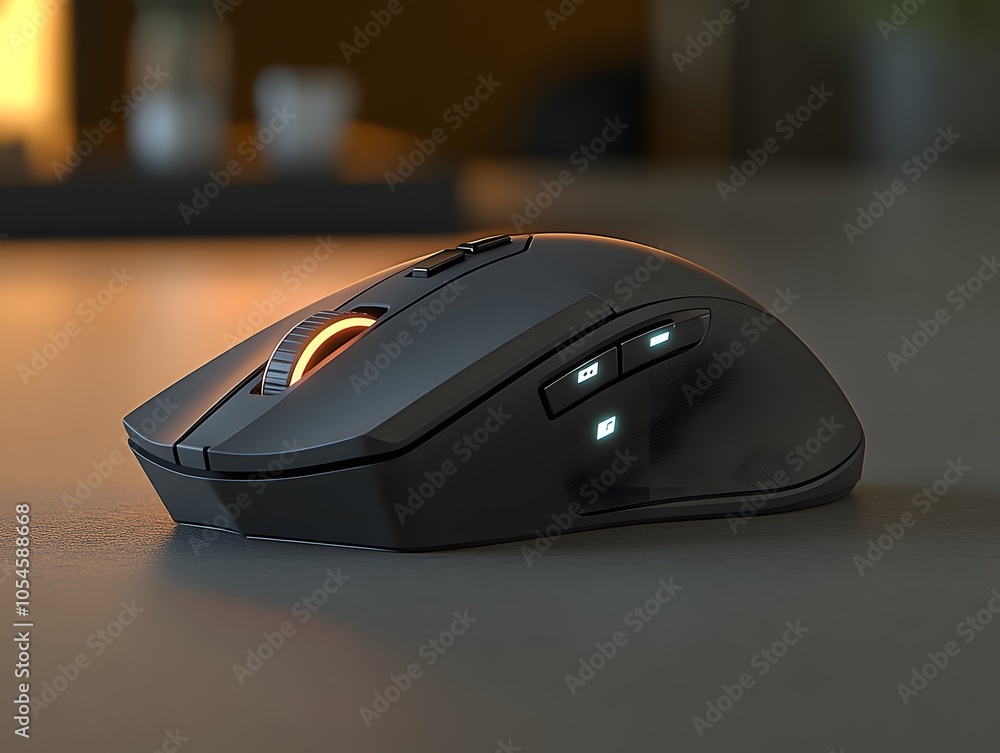 Poster a sleek gaming mouse with customizable buttons and led lighting on a desk.