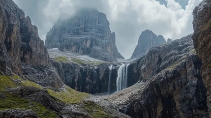 Majestic Waterfall in Mountain Landscape with Dramatic Cloud Cover