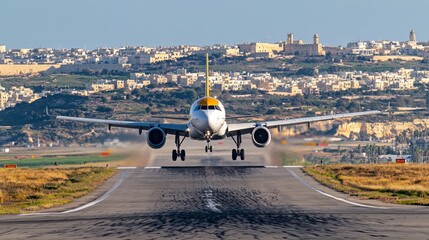 Airplane Landing on Runway with Cityscape Background