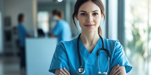 Confident Nurse Portrait: A compassionate and professional female nurse stands confidently in a modern hospital setting, her arms crossed, embodying healthcare expertise and patient care.