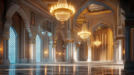 Luxurious Interior of a Grand Hall with Chandeliers