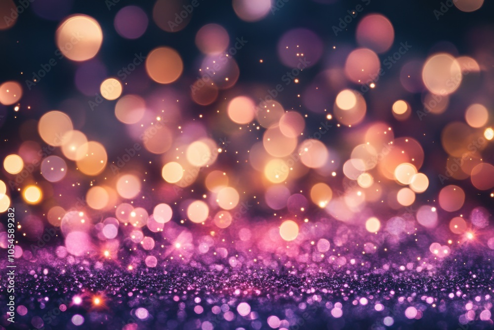 Poster A background of purple and gold glitter with bokeh lights, creating an enchanting atmosphere for celebration or special events. A night party decoration concept.