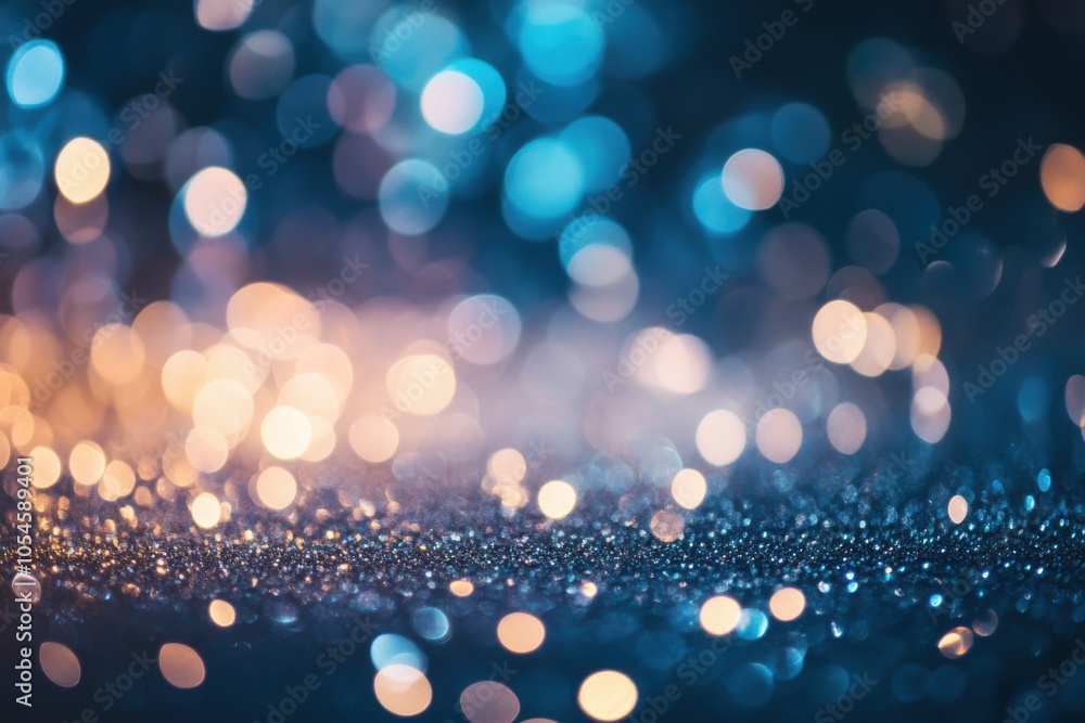 Poster blurred bokeh background with sparkling glitter and glowing lights. blue, silver, and golden colors.
