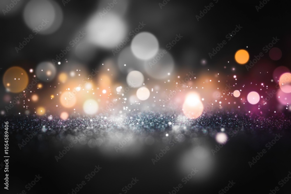 Aufkleber Dark background with bokeh lights and sparkles. Abstract glitter light effect. Design element for celebration, wedding, or party. Colors include black, white, gray, pink, purple, orange, and yellow.