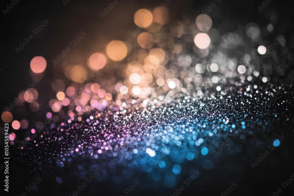 Poster Abstract bokeh lights in the dark, creating an enchanting and magical atmosphere with a gradient of colors including blue, purple, pink, white, and silver. The sparkling, glittery texture