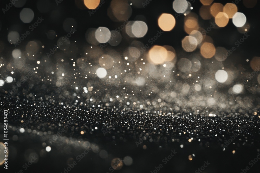 Poster Black background with sparkling glitter, blurred fire bokeh and dark silver color scheme, the combination of black, white, gray, gold and bronze colors creates a sense of luxury