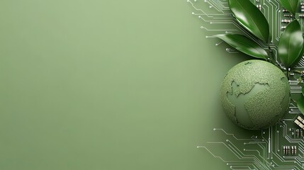 A green globe sits atop a digital circuit board, visualizing the connection between technology and environmental protection initiatives