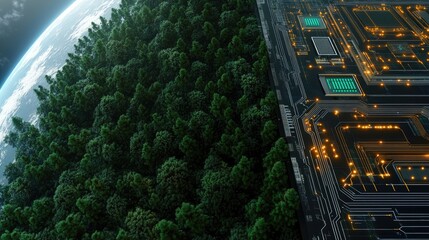 A green globe sits atop a digital circuit board, visualizing the connection between technology and environmental protection initiatives