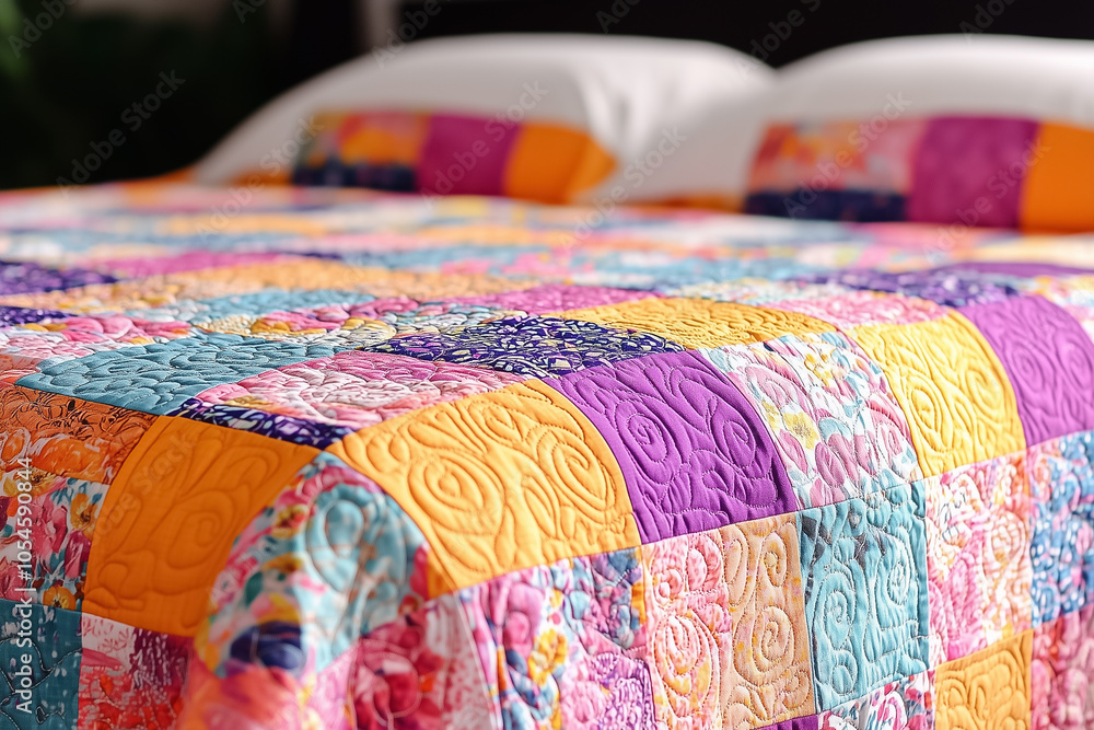 Poster this delightful quilt features a mix of colors and patterns, adding warmth and charm to the bedroom 