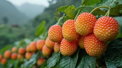 A close-up of a row of ripe, red raspberries hanging on a vine.  The raspberries are plump and...